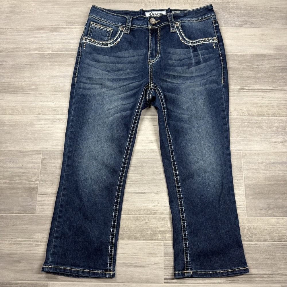 Charme Women's Blue Capri Jeans Dark Wash Western Size 29‎ Embroidered Mid Rise